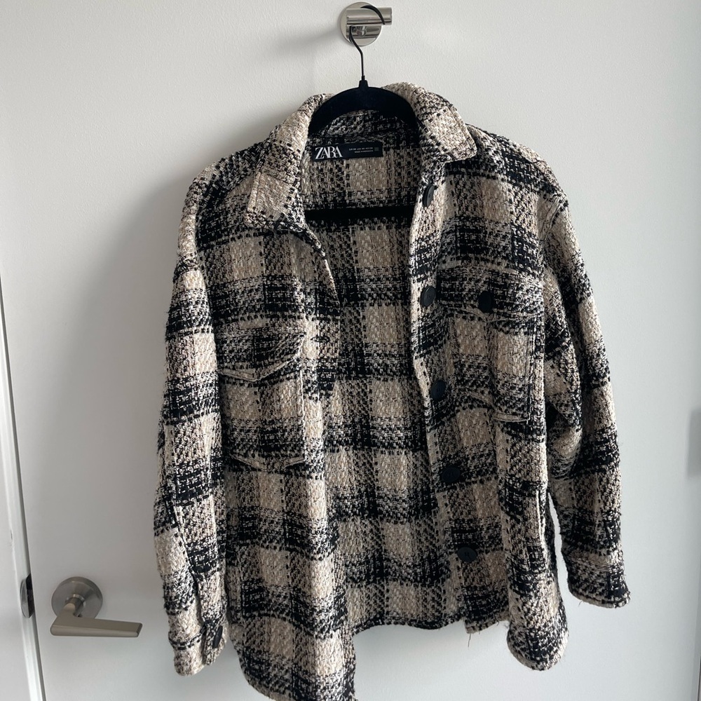 Zara Checkered Black and Cream Shirt Jacket